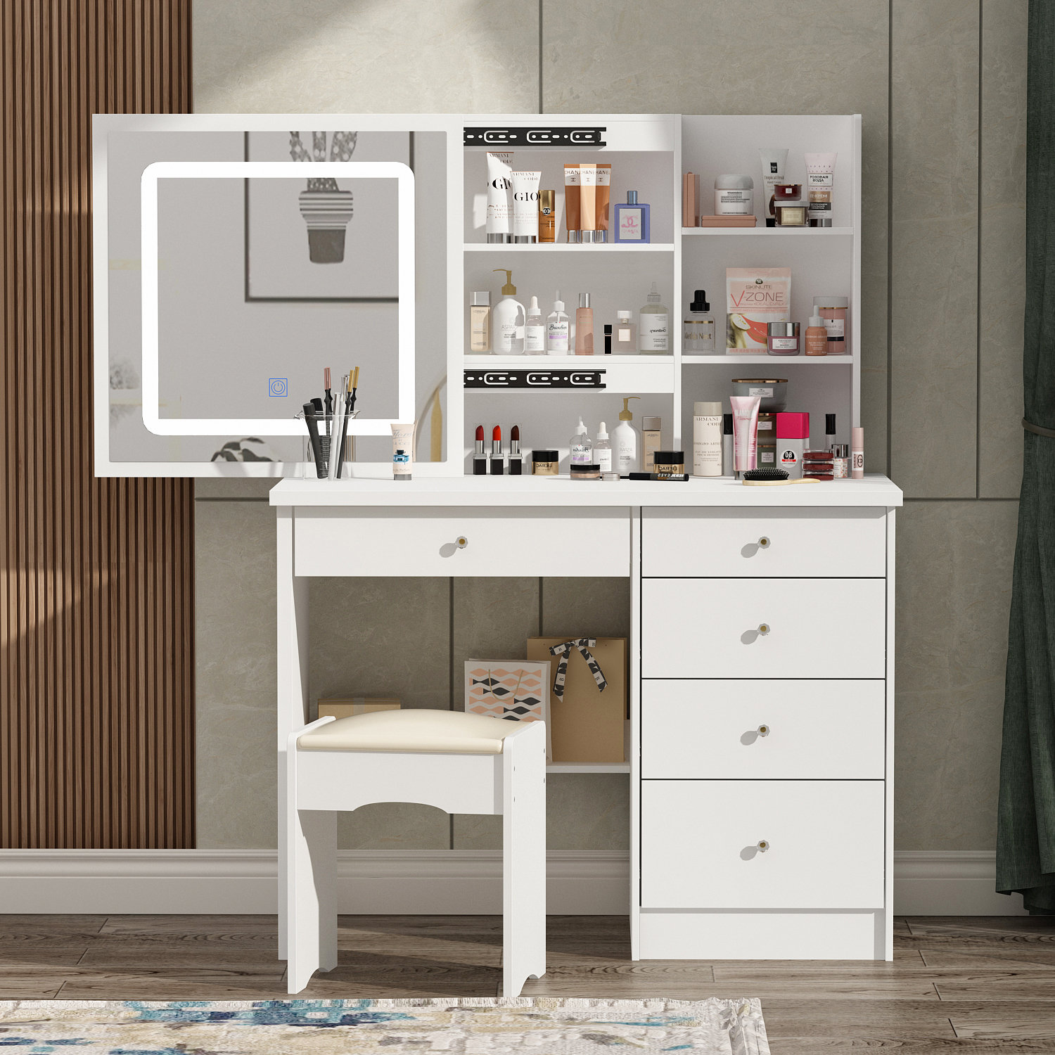 Wade Logan Wide Makeup Vanity Set With Stool And Mirror